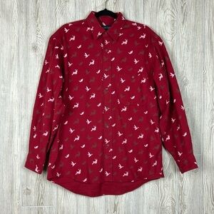 Lands End Red Chamois Flannel Long Sleeve Mens Animal Print Made in USA Size M